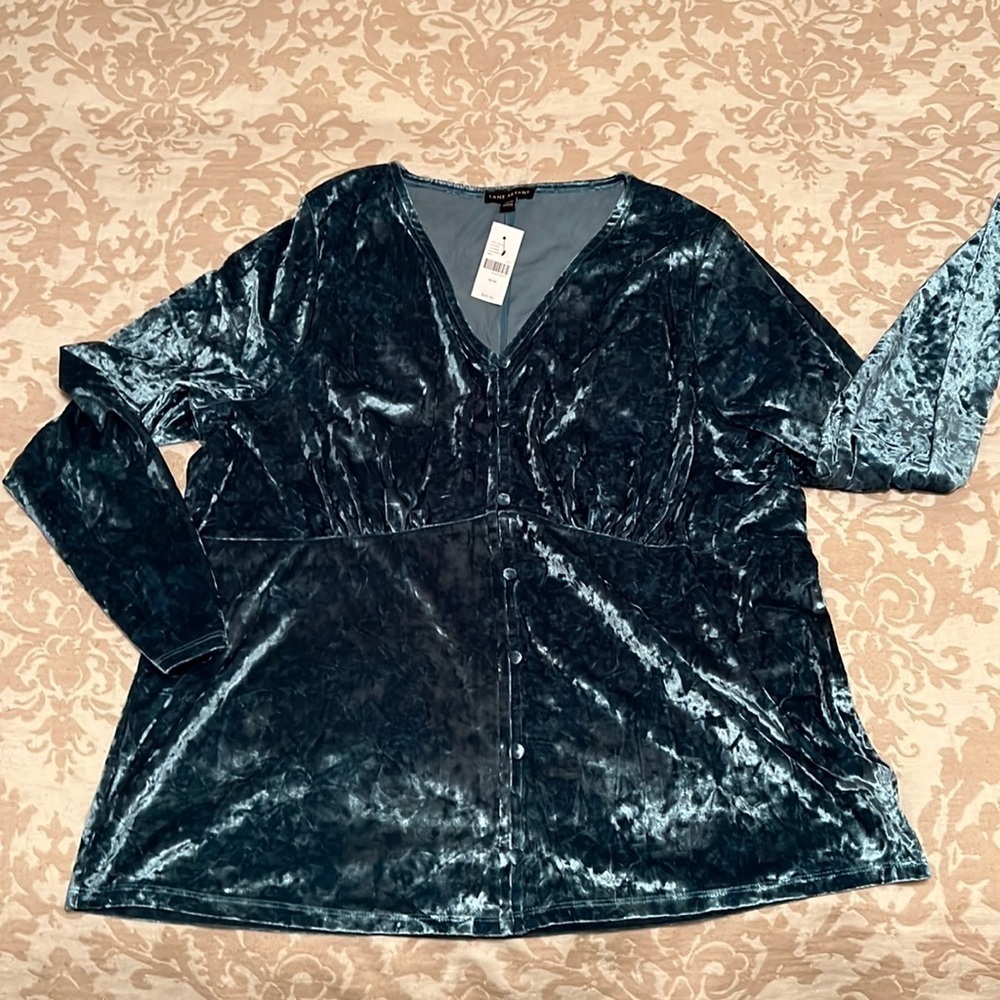 NWT Lane Bryant Teal soft velvet top with empire waist and buttons 18/20.